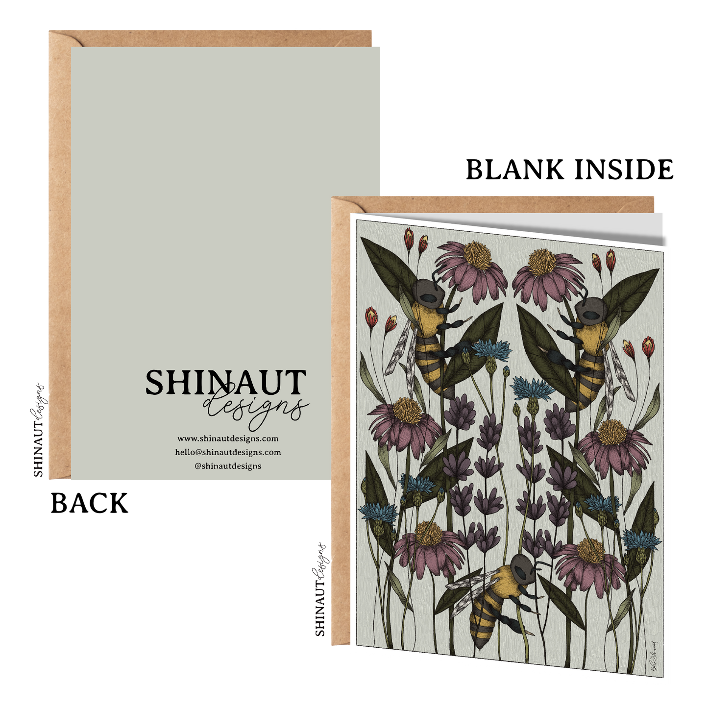 bee garden greeting card with kraft envelope showing front, inside and back of card
