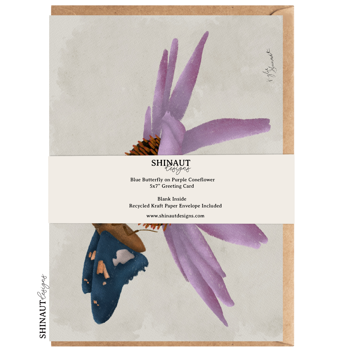 blue butterfly on purple coneflower greeting card packaging