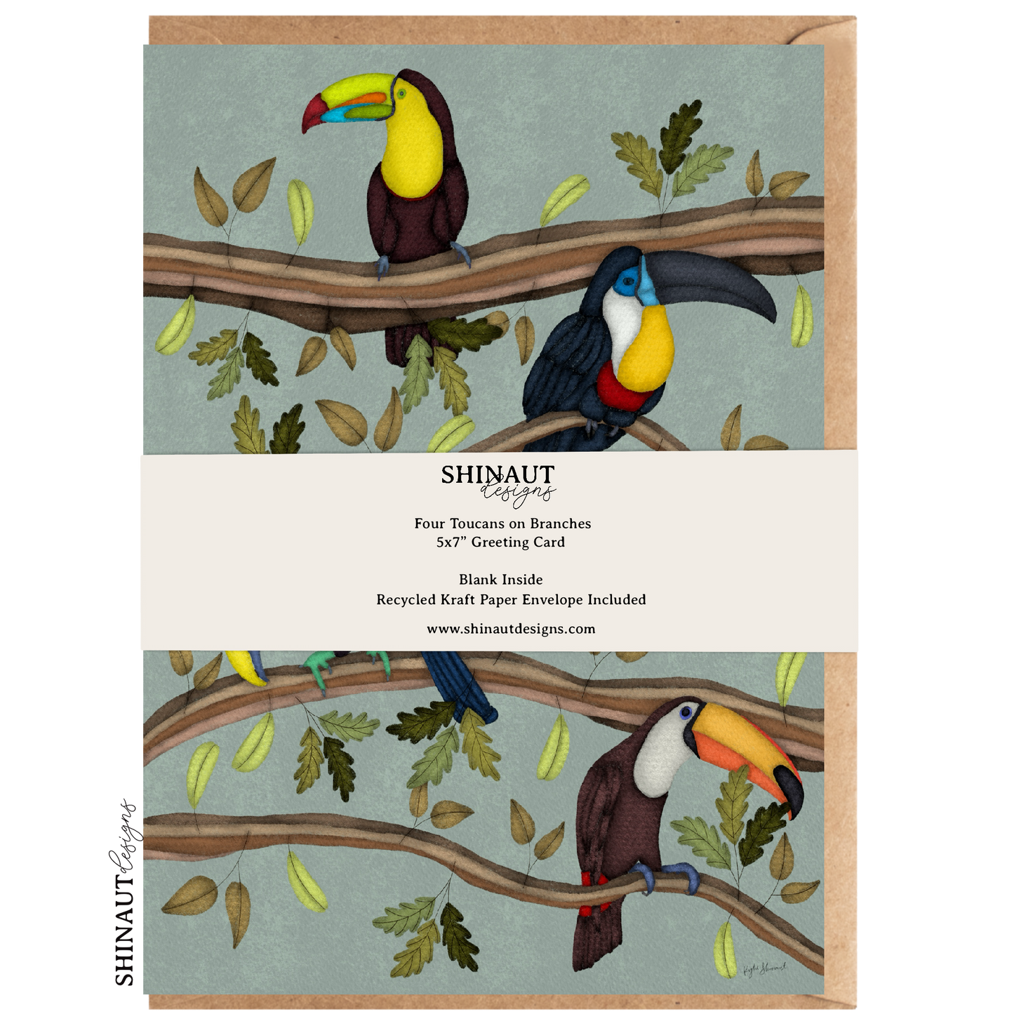 four toucans greeting card packaging