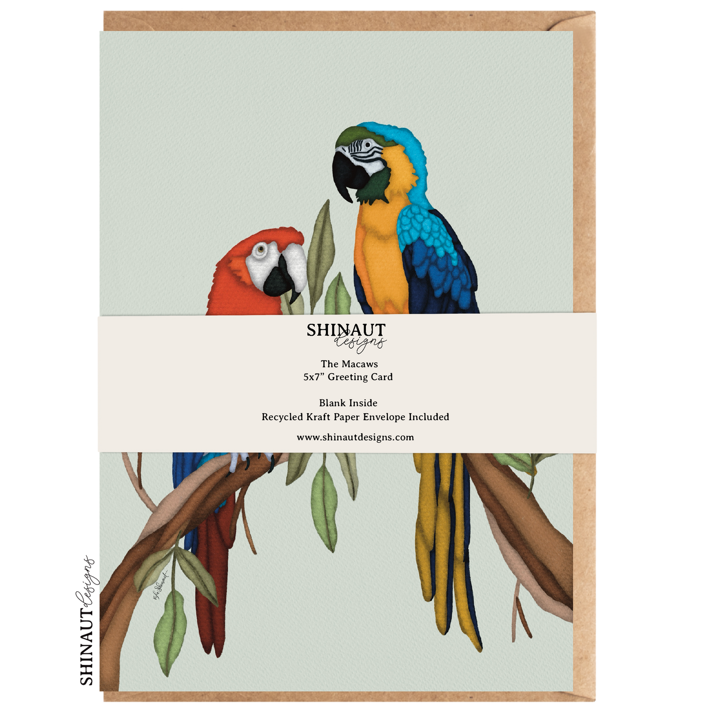 the macaws greeting card packaging
