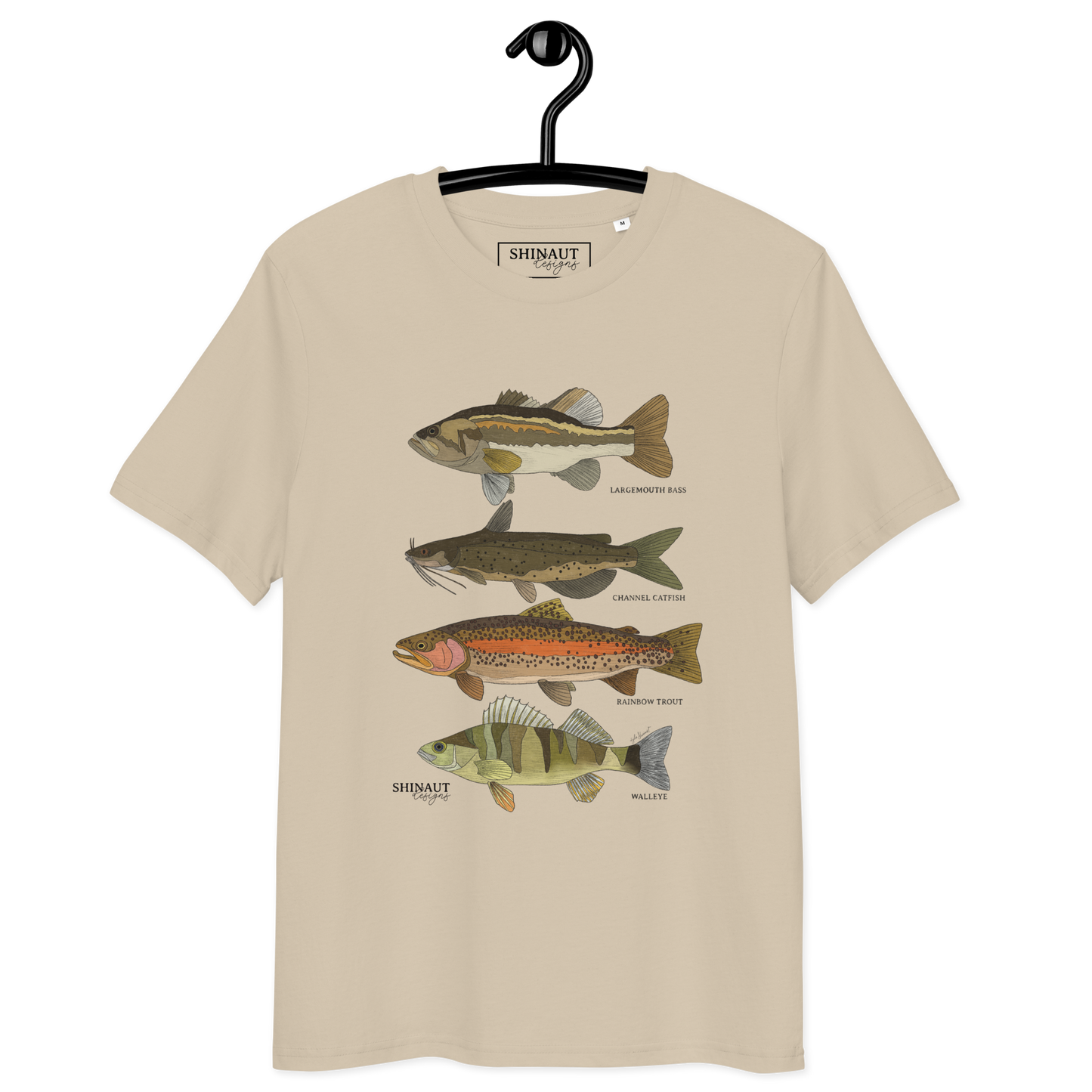 Freshwater Fish Unisex Organic Cotton T-Shirt on hanger front of shirt