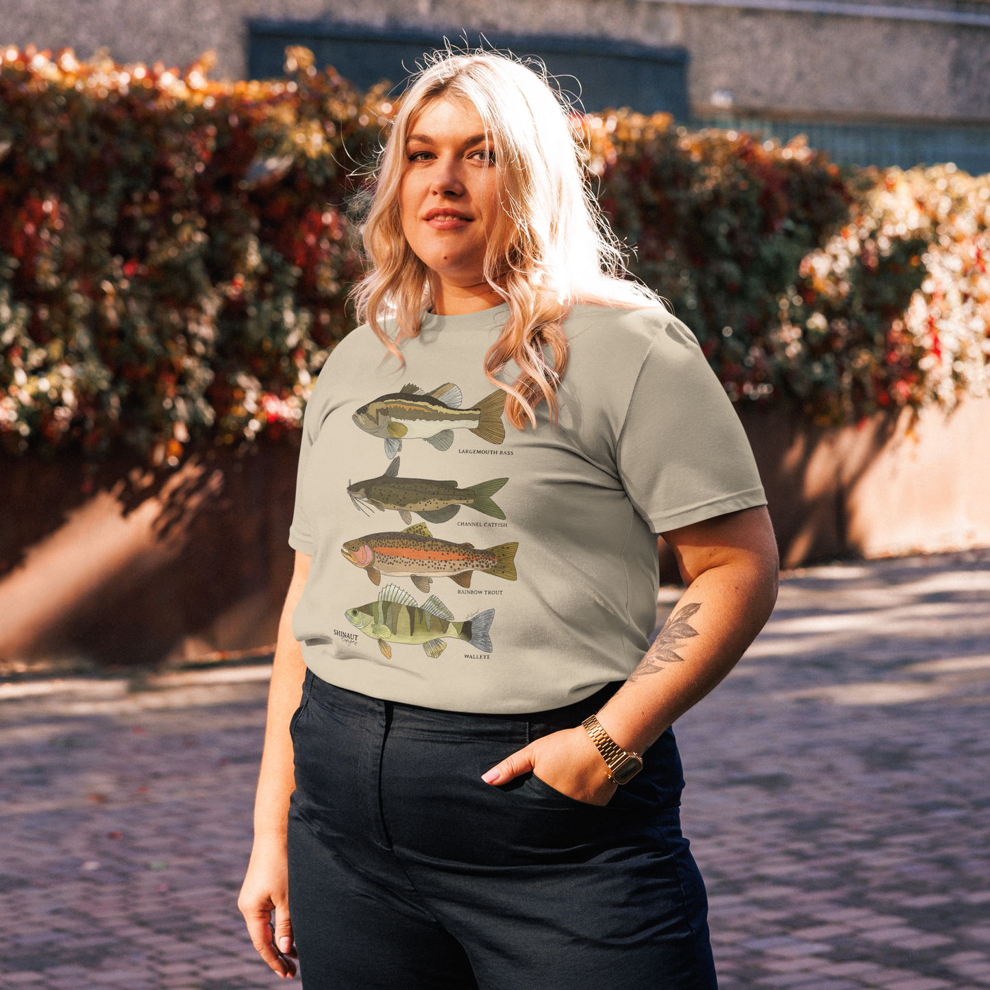 Freshwater Fish Unisex Organic Cotton T-Shirt on woman model plus size