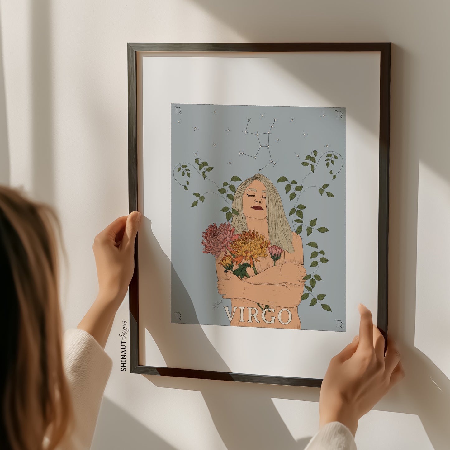 virgo zodiac art print with woman holding frame
