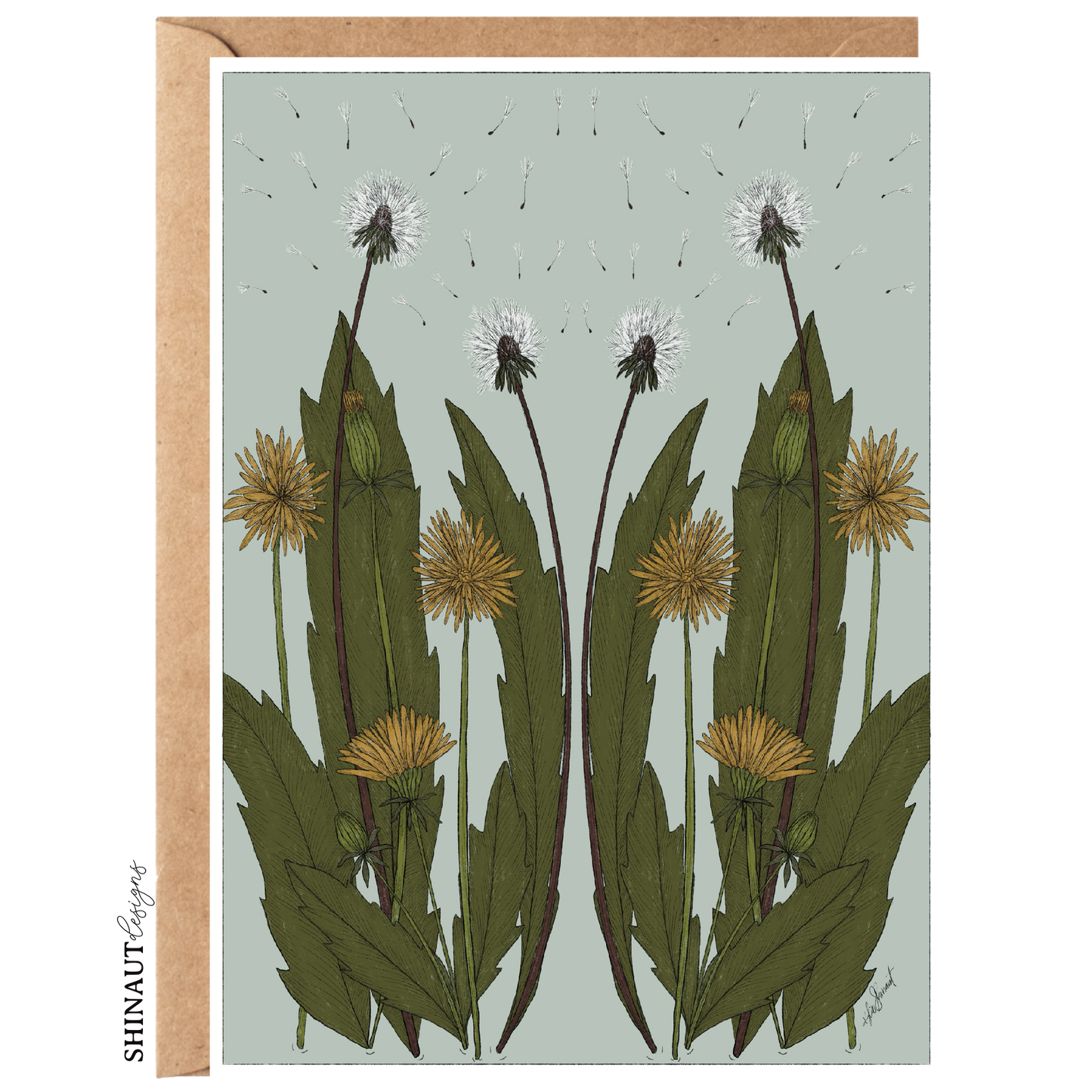 Wild Dandelion Blooms Nouveau Greeting Card front of card with envelope