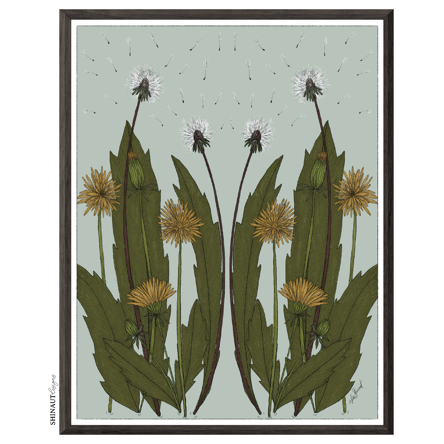 Wild Dandelion Blooms Nouveau Art Print front with black frame