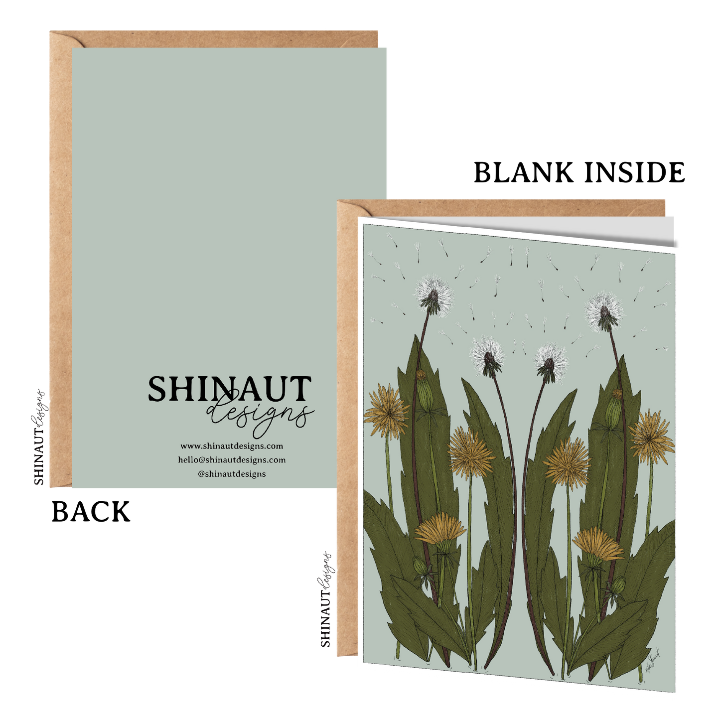 Wild Dandelion Blooms Nouveau Greeting Card front and back of card and showing inside