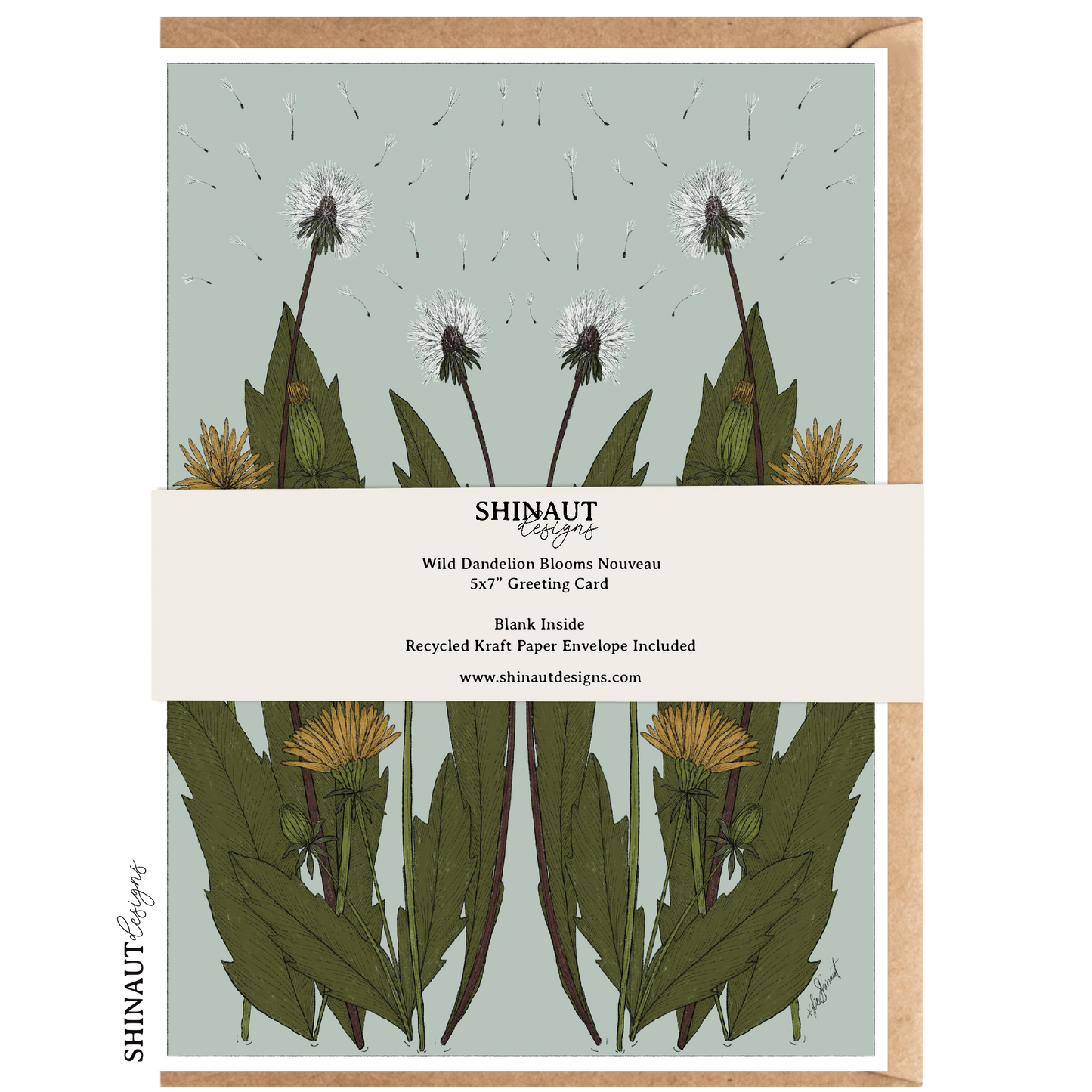 Wild Dandelion Blooms Nouveau Greeting Card showing packaging with label
