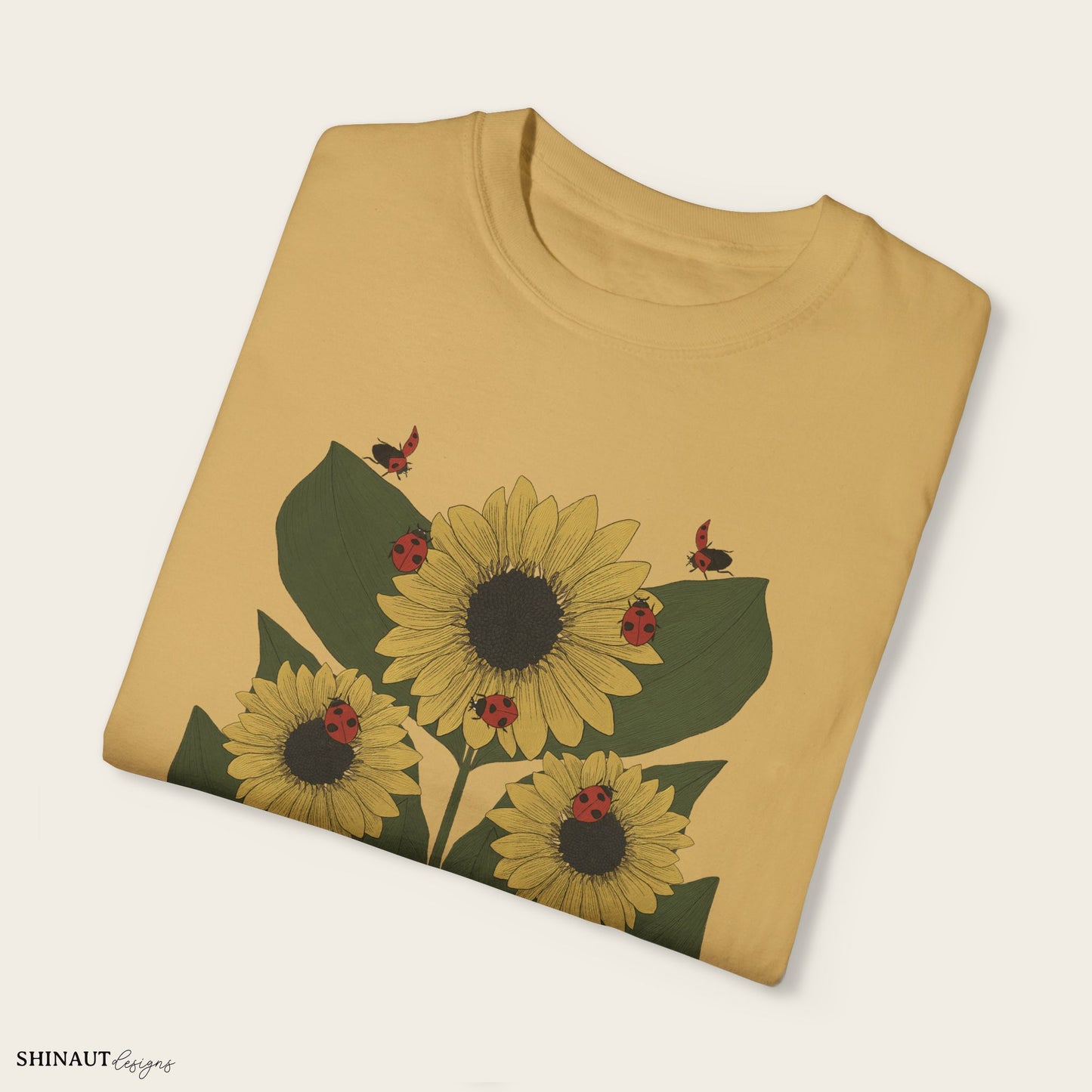 Sunflower Plant & Ladybugs Unisex Garment-Dyed T-shirt