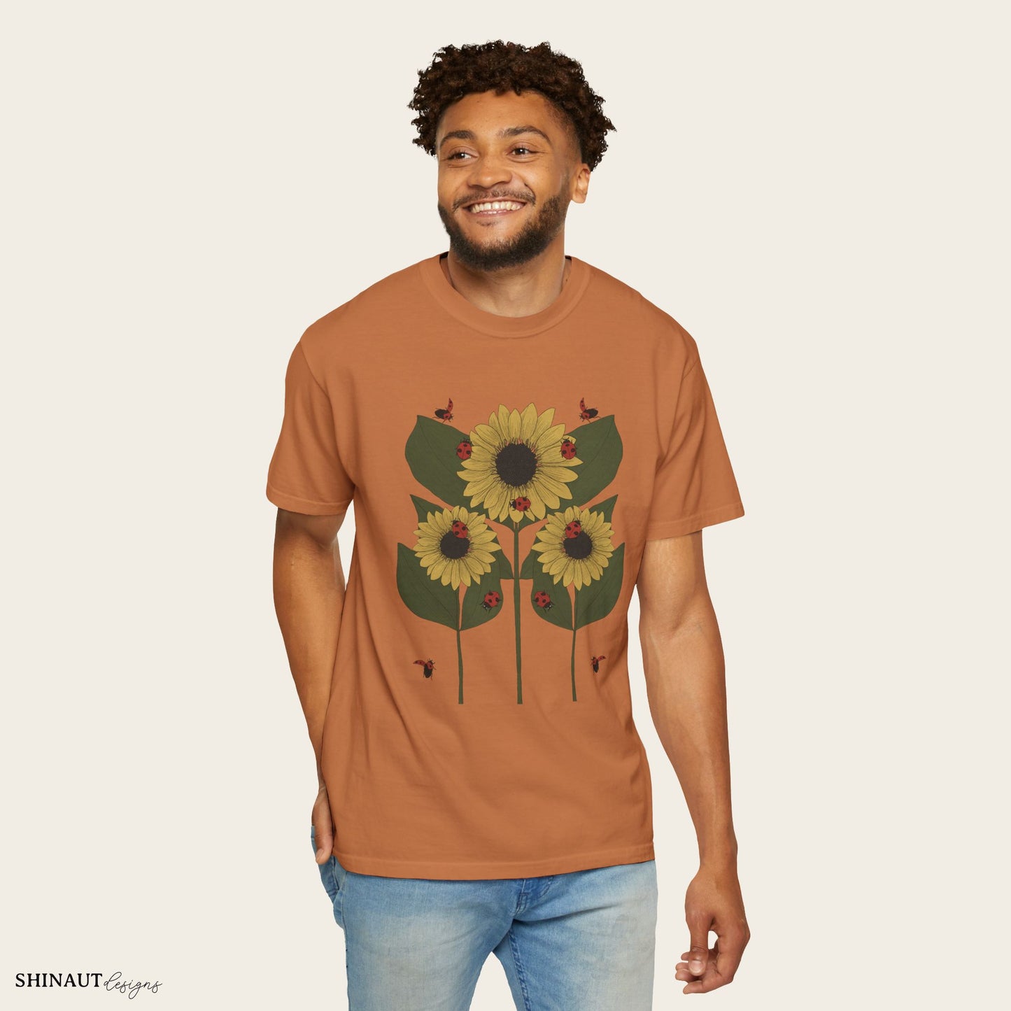 Sunflower Plant & Ladybugs Unisex Garment-Dyed T-shirt