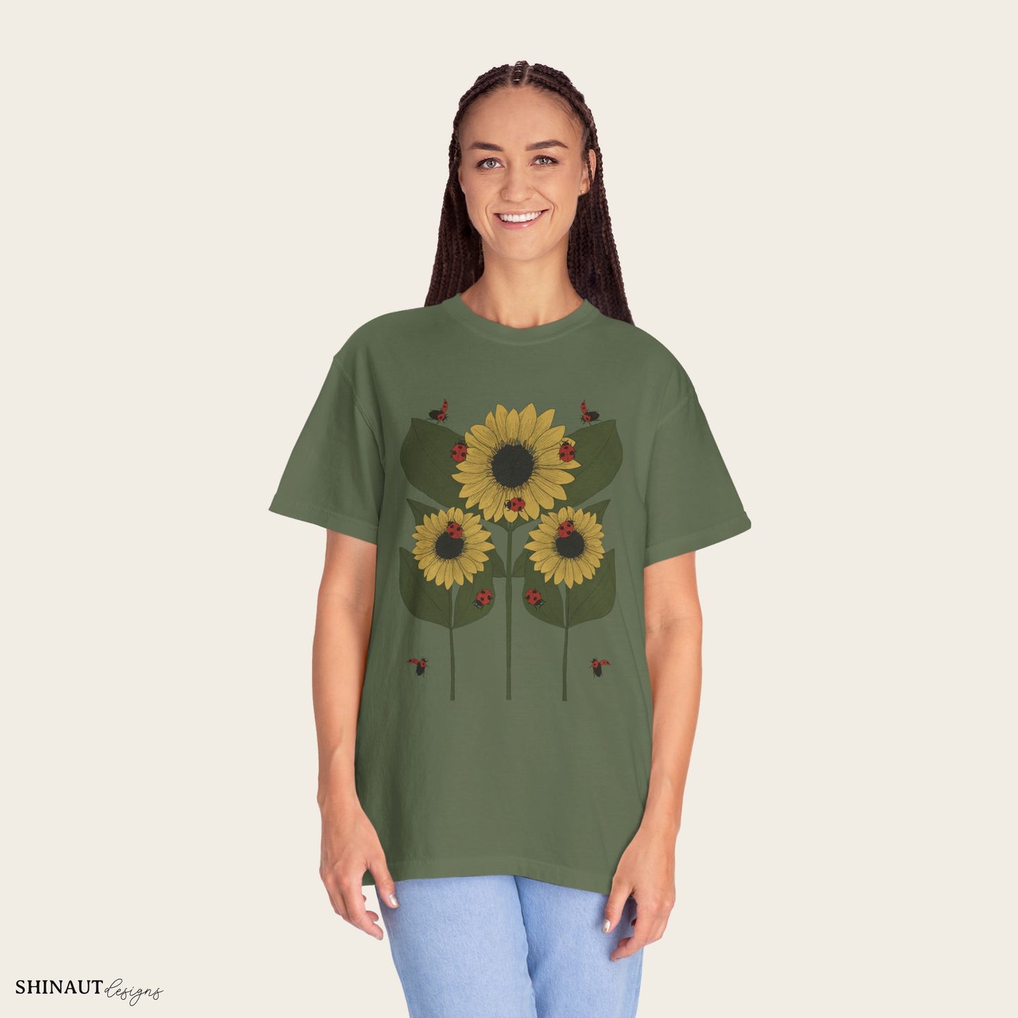 Sunflower Plant & Ladybugs Unisex Garment-Dyed T-shirt