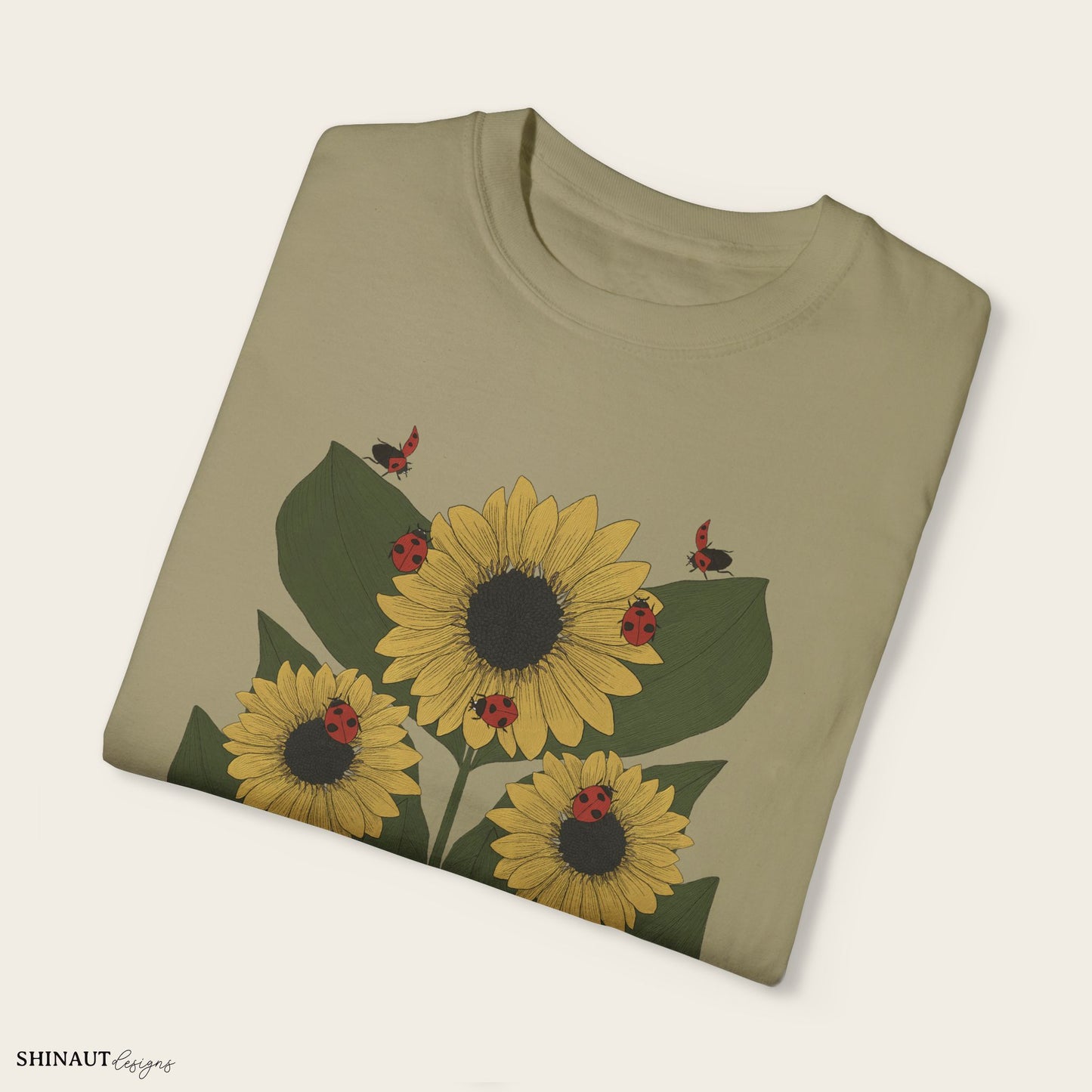 Sunflower Plant & Ladybugs Unisex Garment-Dyed T-shirt