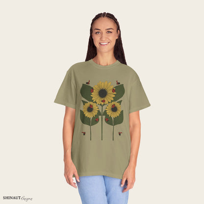 Sunflower Plant & Ladybugs Unisex Garment-Dyed T-shirt