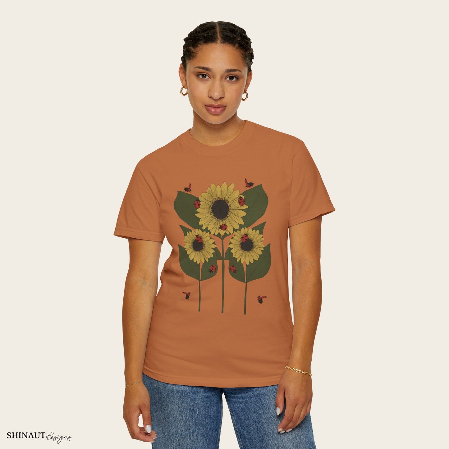 Sunflower Plant & Ladybugs Unisex Garment-Dyed T-shirt