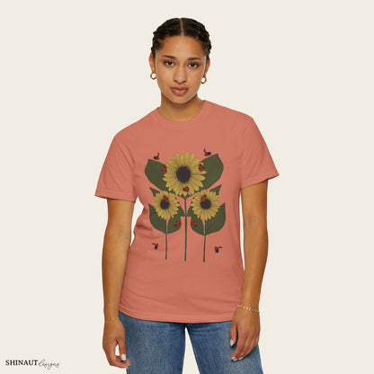 Sunflower Plant & Ladybugs Unisex Garment-Dyed T-shirt