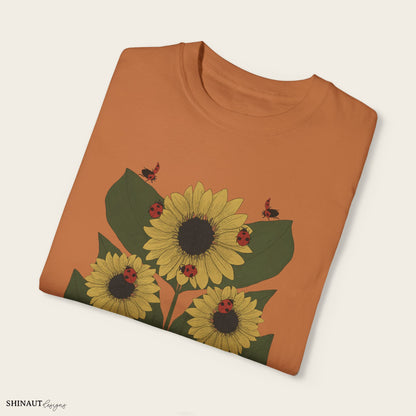 Sunflower Plant & Ladybugs Unisex Garment-Dyed T-shirt