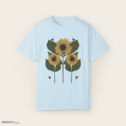 Sunflower Plant & Ladybugs Unisex Garment-Dyed T-shirt