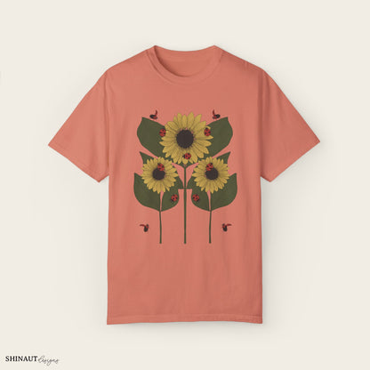 Sunflower Plant & Ladybugs Unisex Garment-Dyed T-shirt