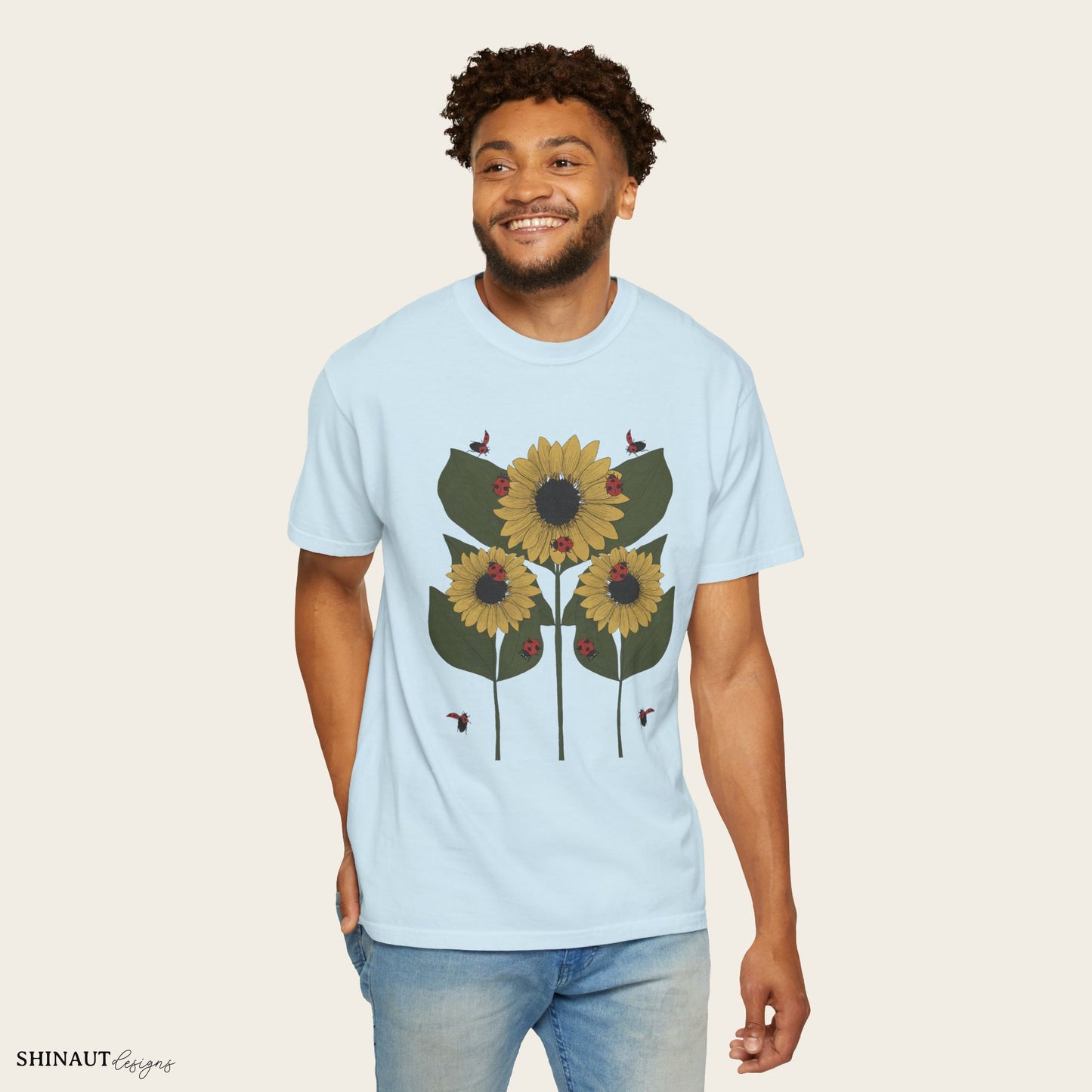 Sunflower Plant & Ladybugs Unisex Garment-Dyed T-shirt