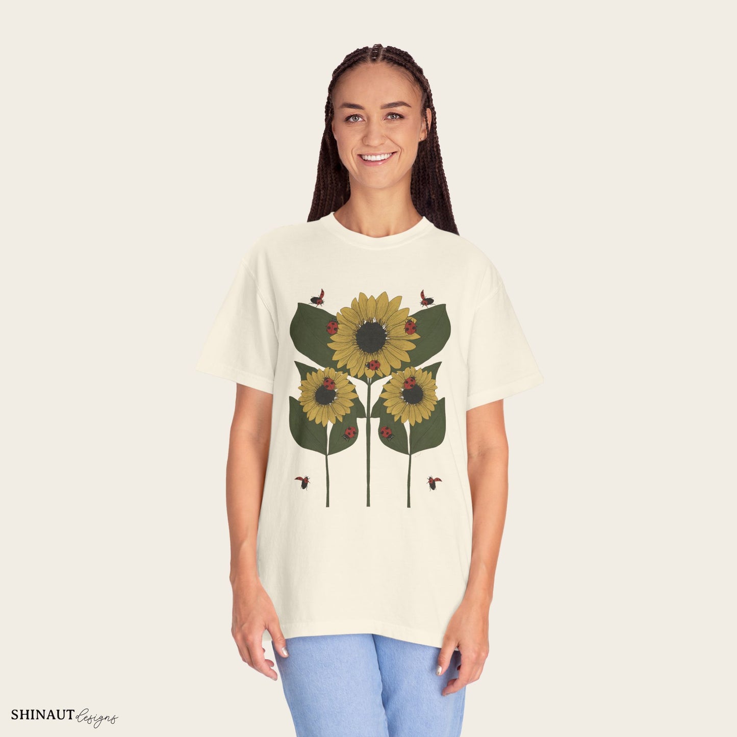 Sunflower Plant & Ladybugs Unisex Garment-Dyed T-shirt