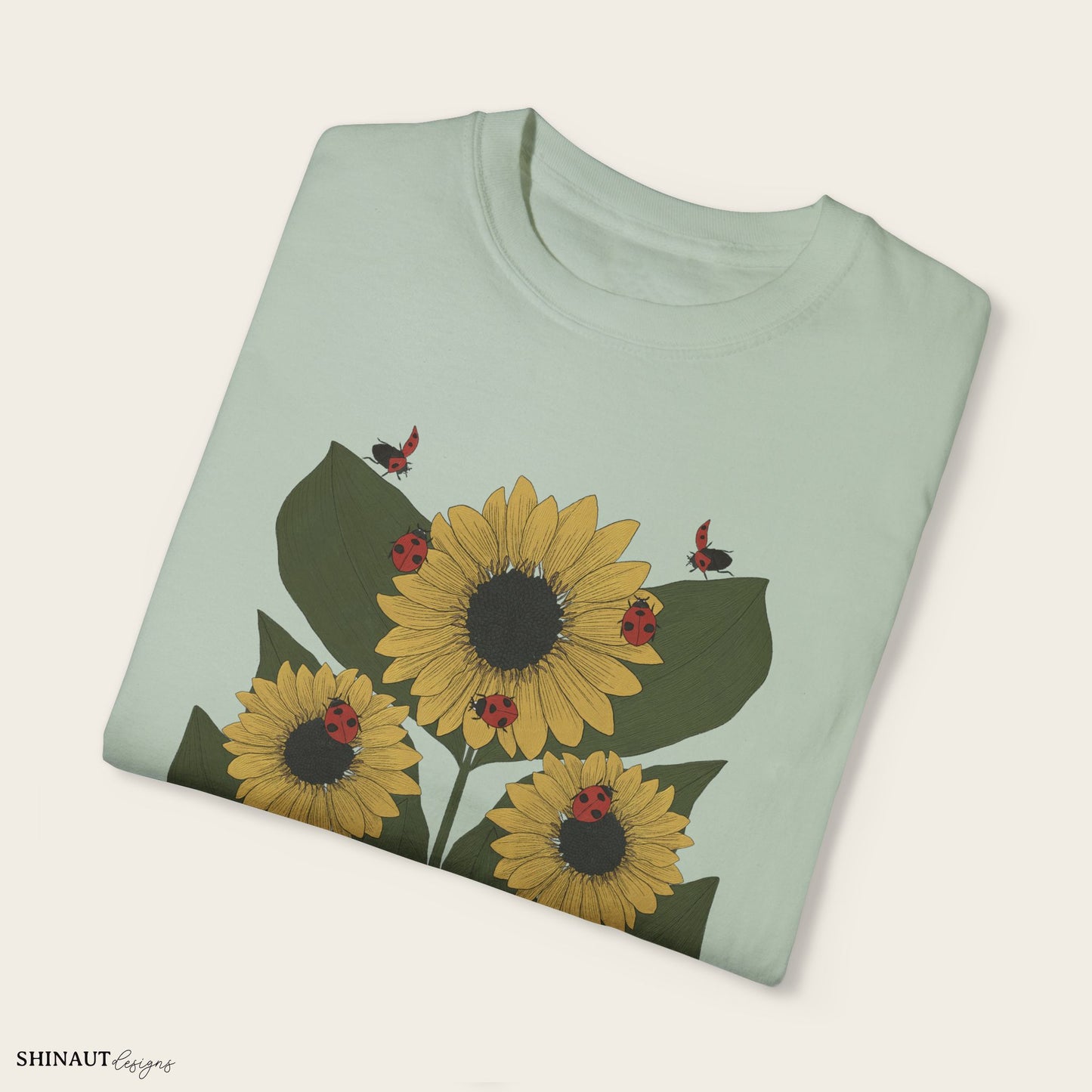 Sunflower Plant & Ladybugs Unisex Garment-Dyed T-shirt