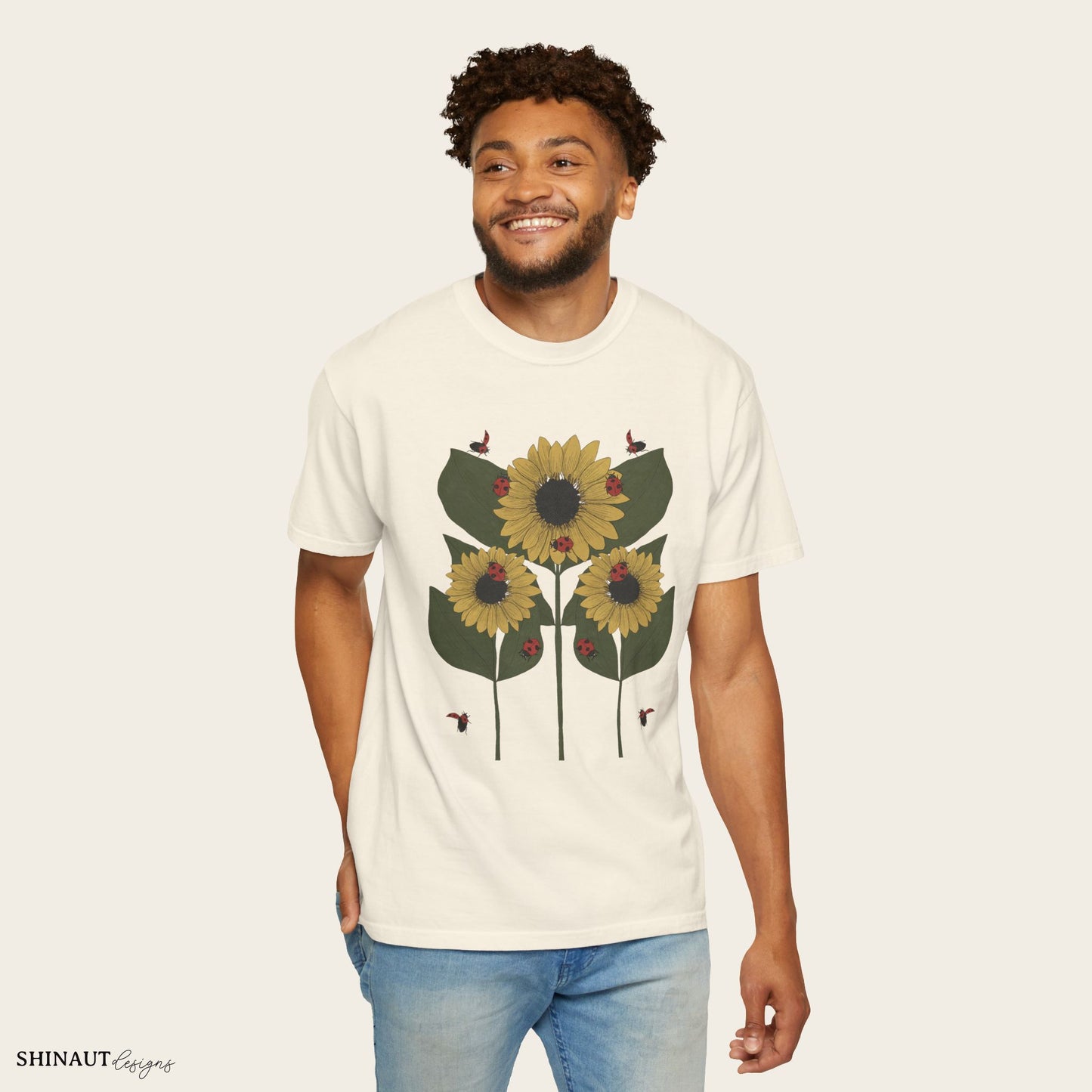 Sunflower Plant & Ladybugs Unisex Garment-Dyed T-shirt