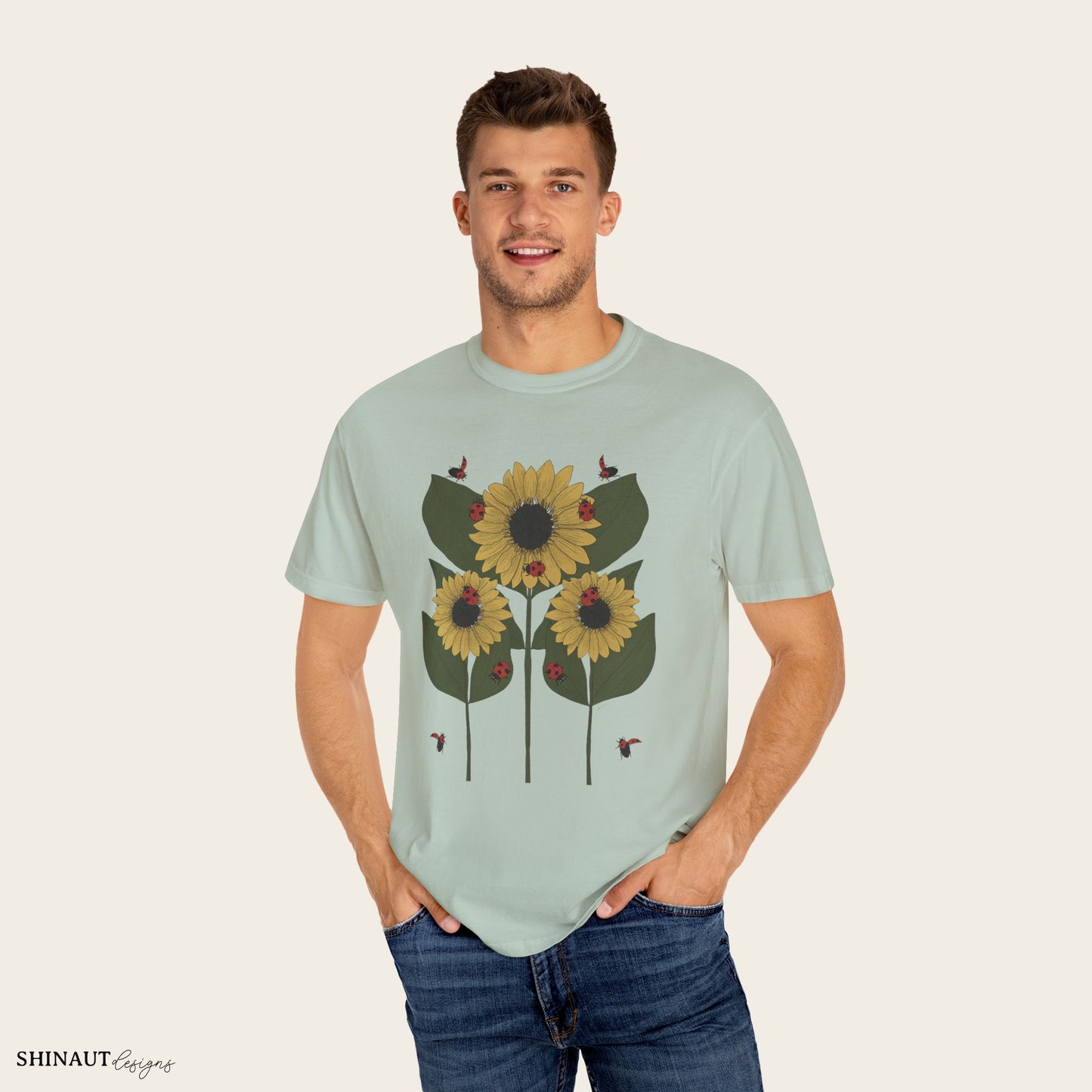 Sunflower Plant & Ladybugs Unisex Garment-Dyed T-shirt