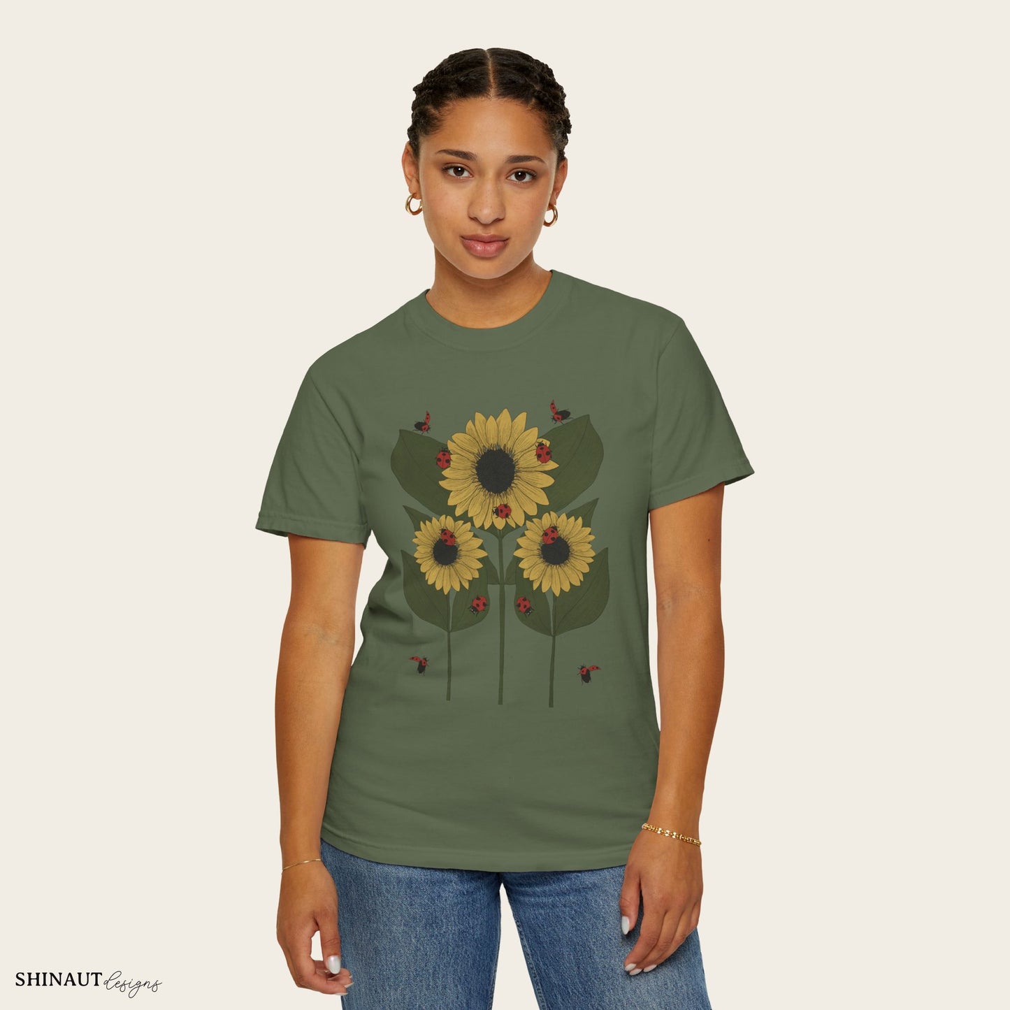 Sunflower Plant & Ladybugs Unisex Garment-Dyed T-shirt