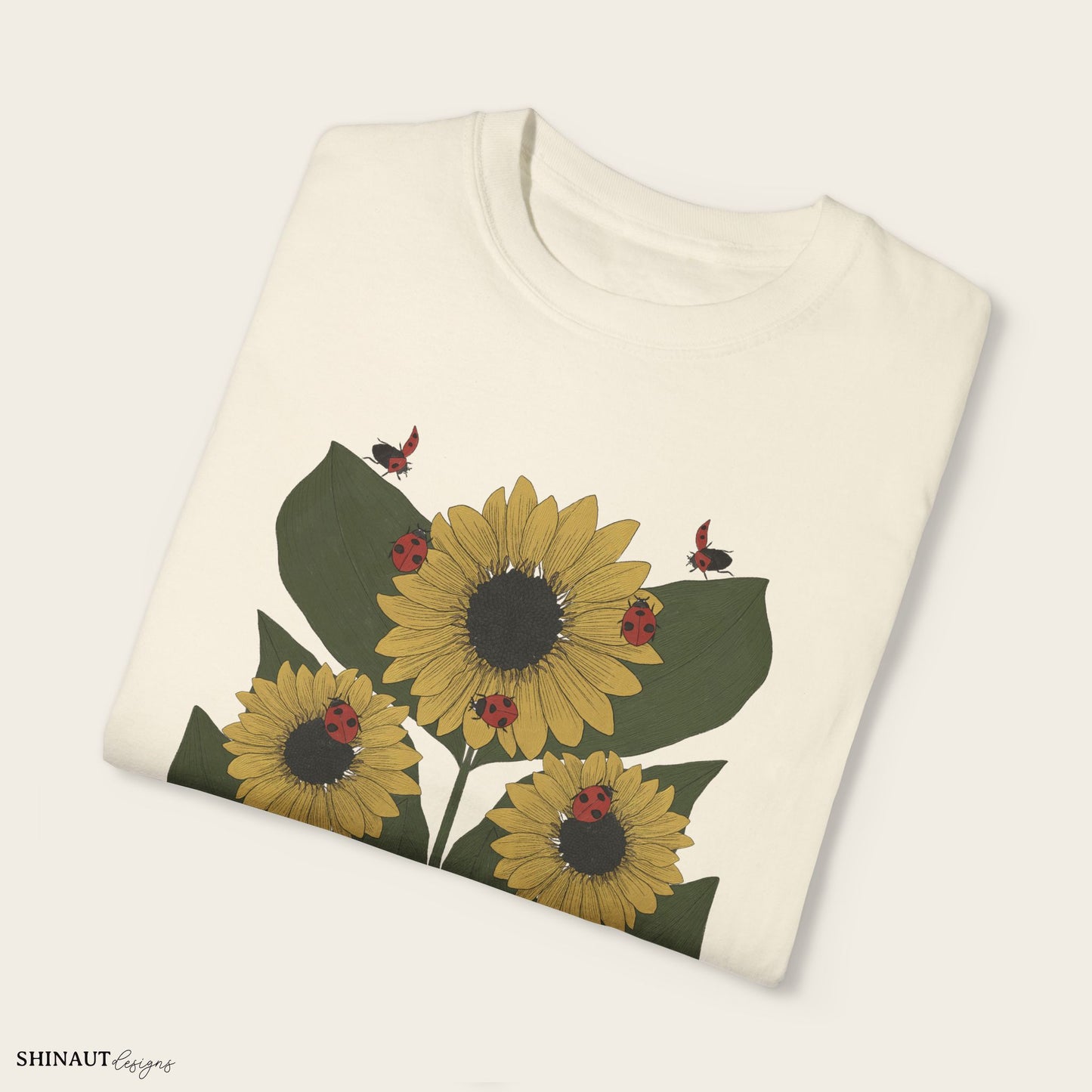 Sunflower Plant & Ladybugs Unisex Garment-Dyed T-shirt