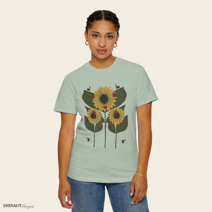 Sunflower Plant & Ladybugs Unisex Garment-Dyed T-shirt