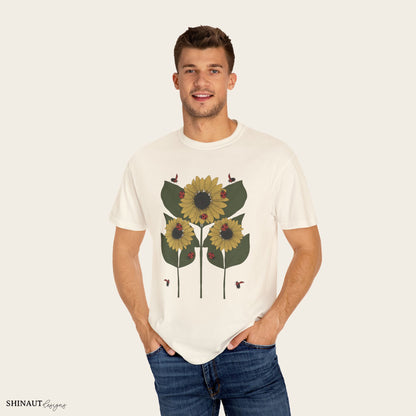 Sunflower Plant & Ladybugs Unisex Garment-Dyed T-shirt