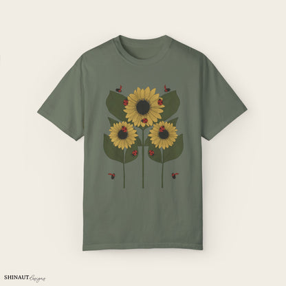 Sunflower Plant & Ladybugs Unisex Garment-Dyed T-shirt