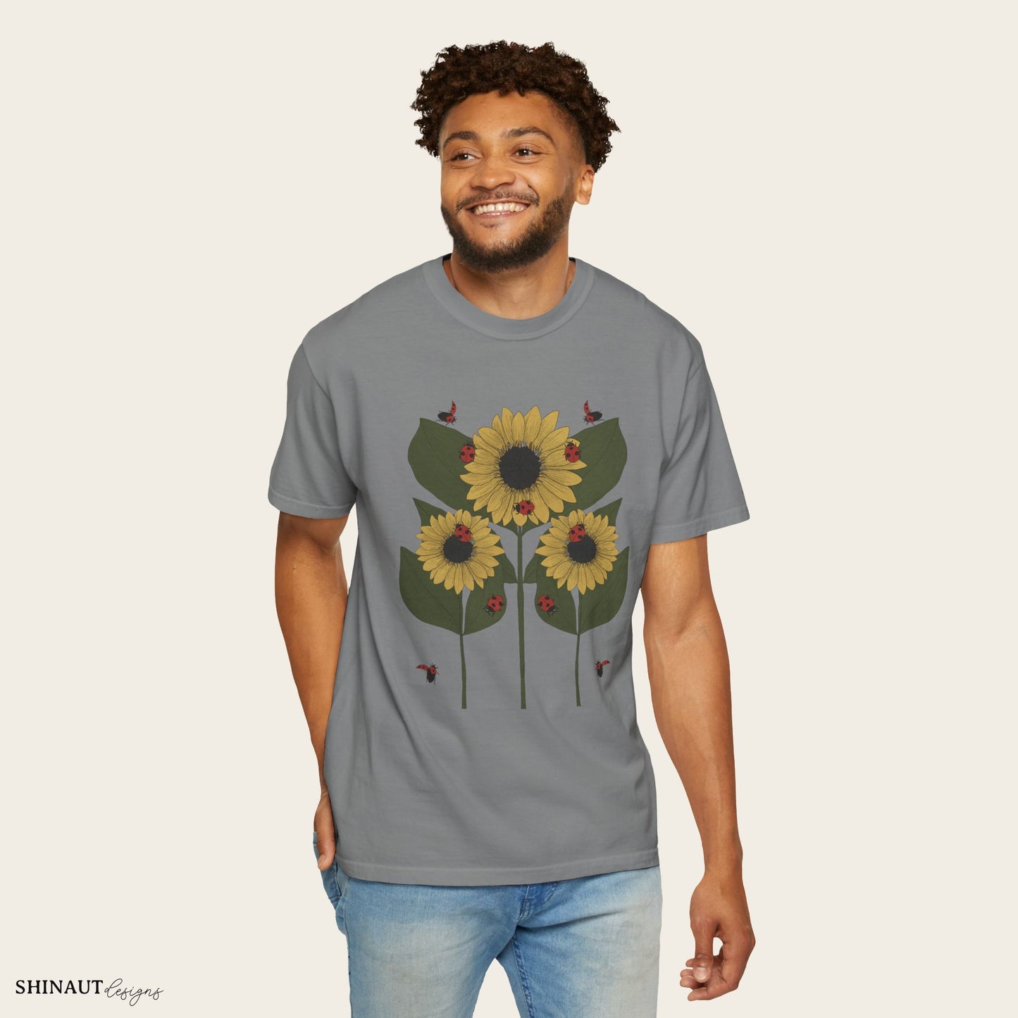 Sunflower Plant & Ladybugs Unisex Garment-Dyed T-shirt