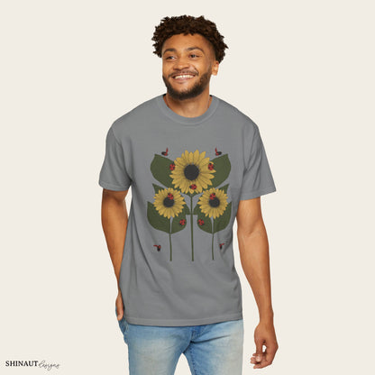 Sunflower Plant & Ladybugs Unisex Garment-Dyed T-shirt