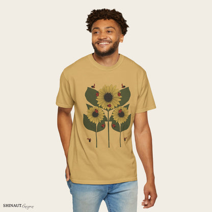 Sunflower Plant & Ladybugs Unisex Garment-Dyed T-shirt