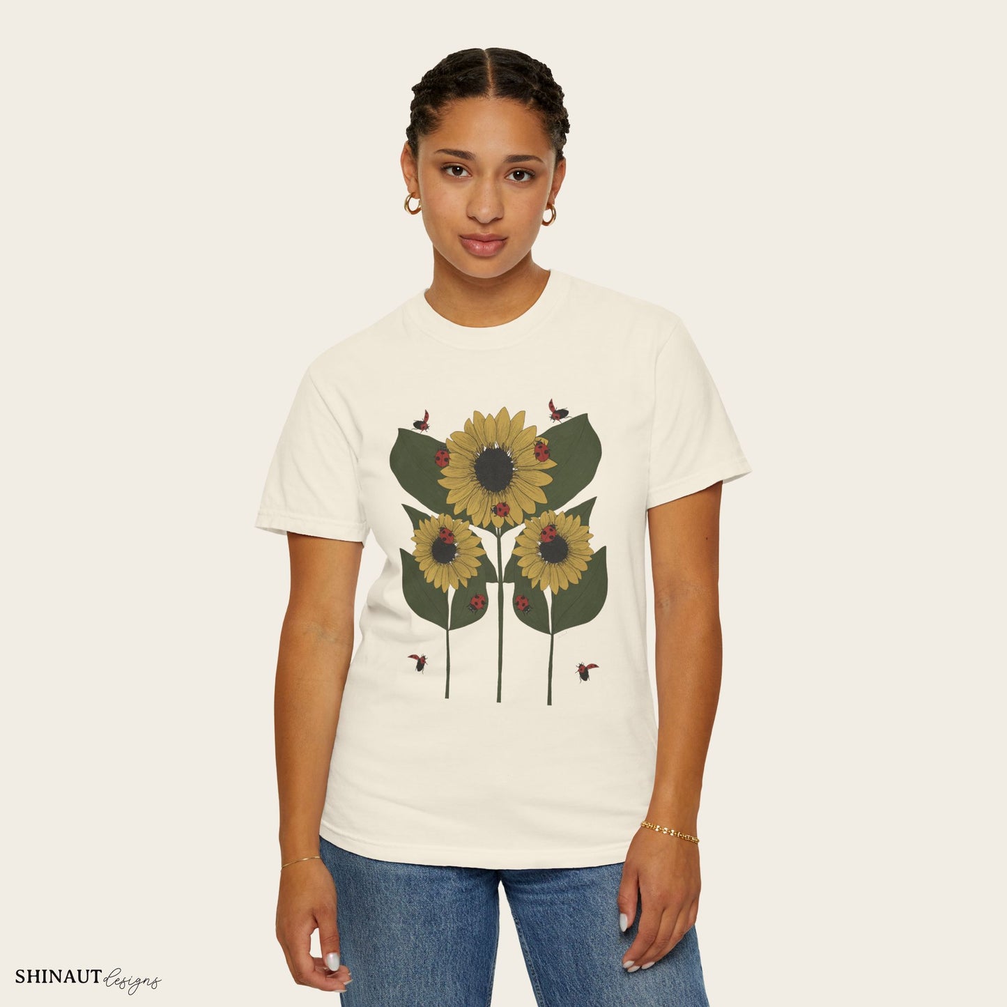 Sunflower Plant & Ladybugs Unisex Garment-Dyed T-shirt