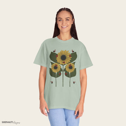 Sunflower Plant & Ladybugs Unisex Garment-Dyed T-shirt