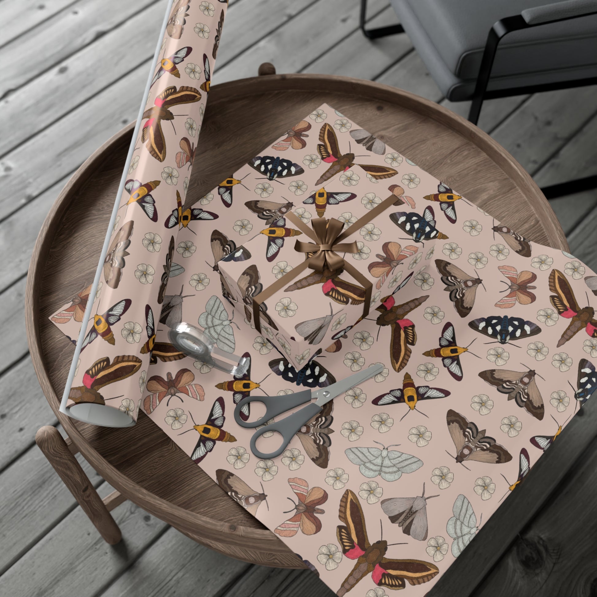 30x72" garden moths gift wrap on table