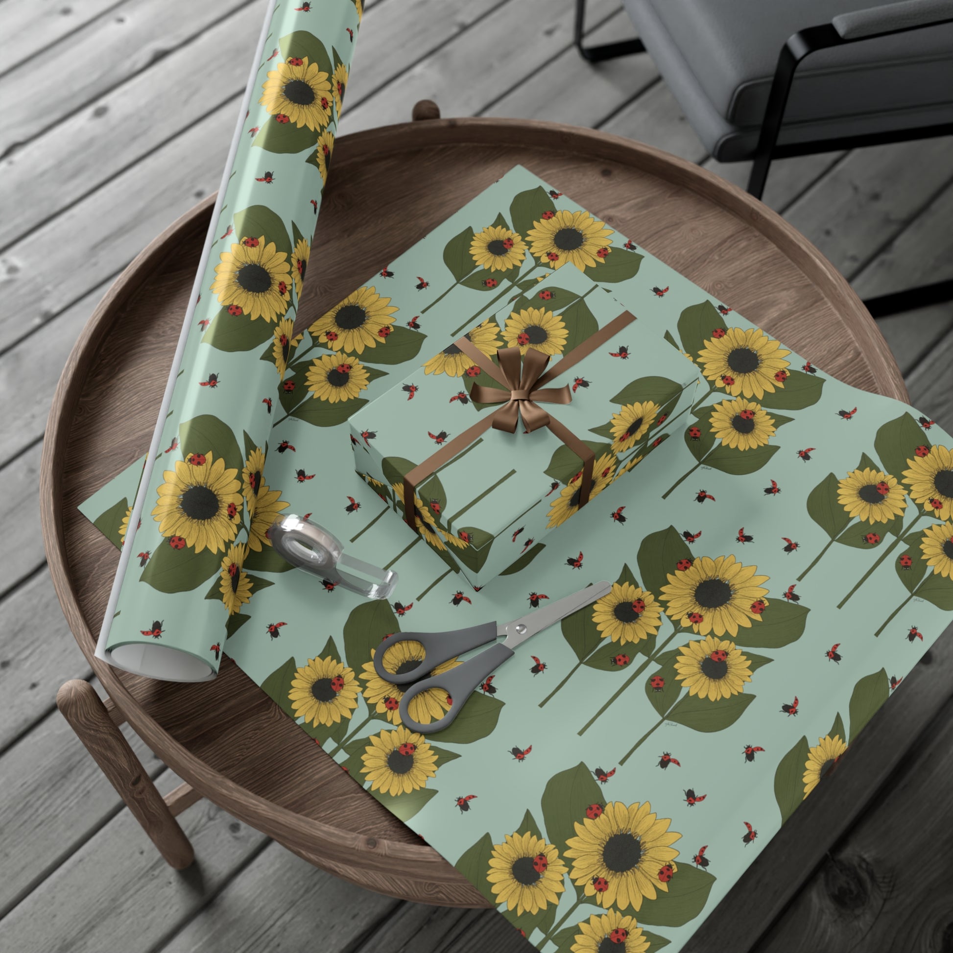 30x72" sunflower plant wrapping paper on table