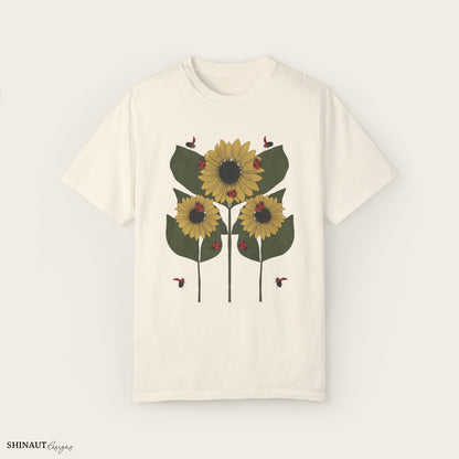 Sunflower Plant & Ladybugs Unisex Garment-Dyed T-shirt