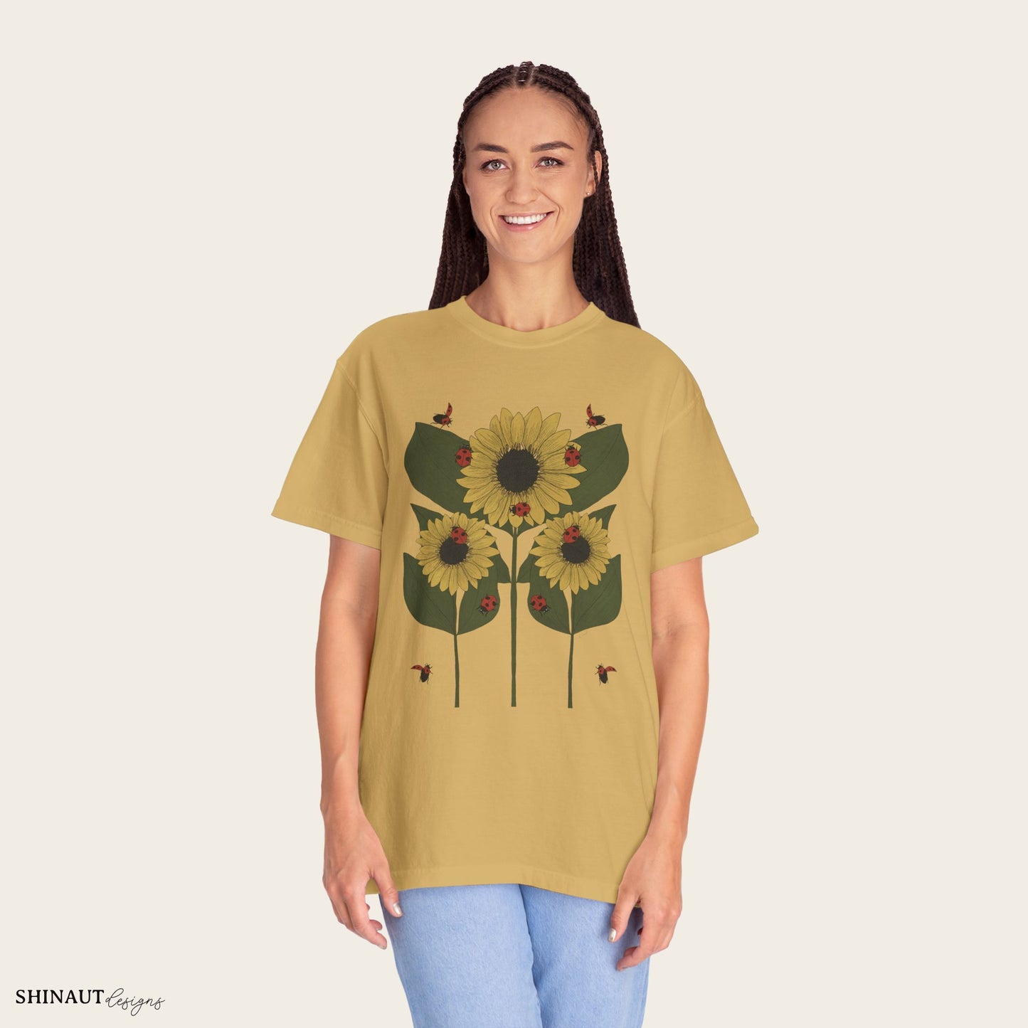 Sunflower Plant & Ladybugs Unisex Garment-Dyed T-shirt