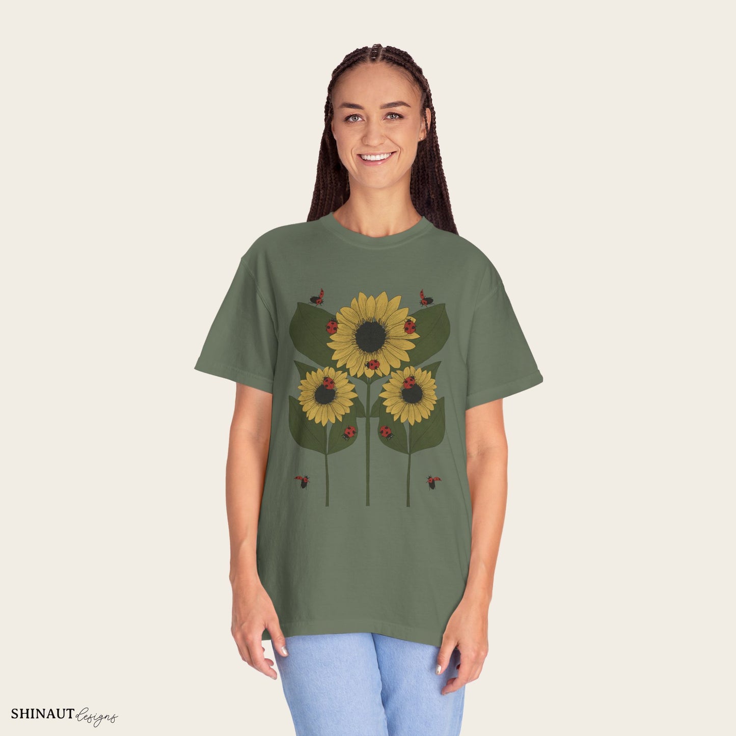 Sunflower Plant & Ladybugs Unisex Garment-Dyed T-shirt