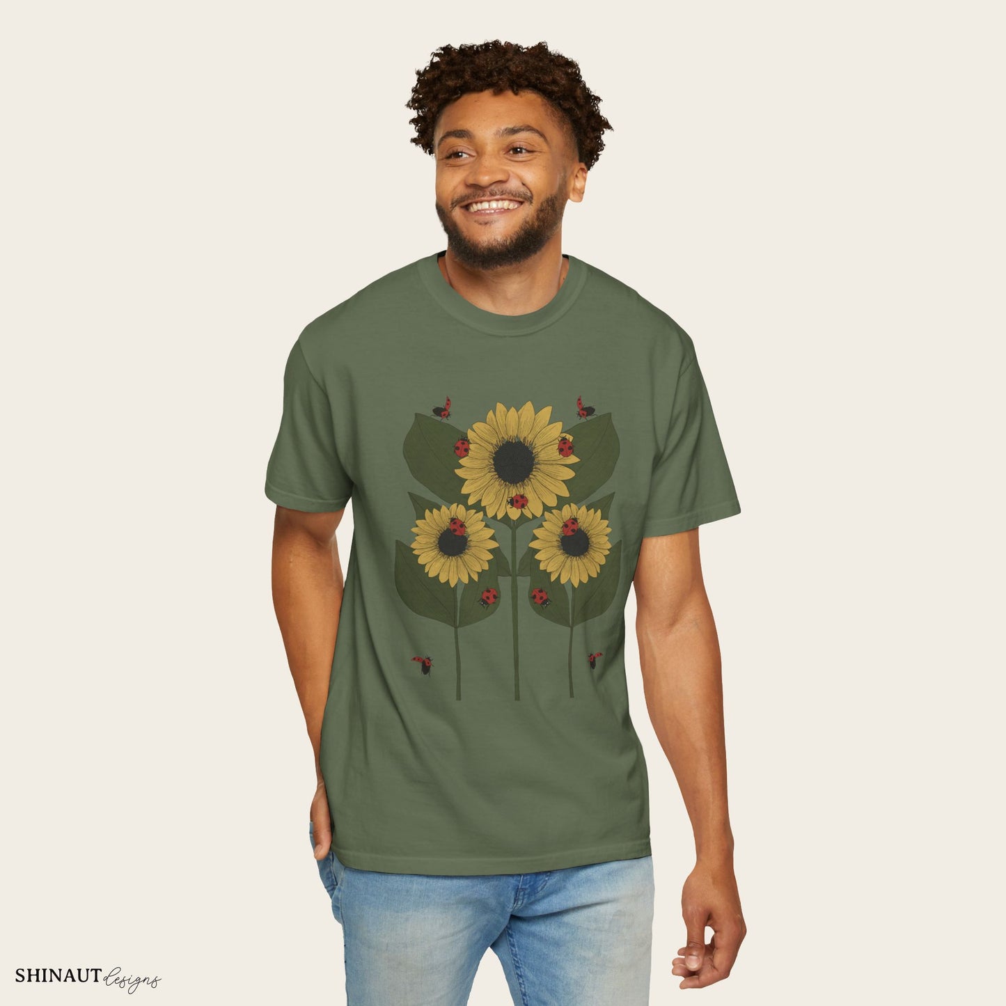 Sunflower Plant & Ladybugs Unisex Garment-Dyed T-shirt