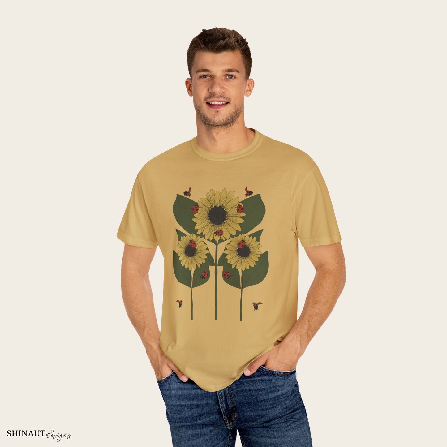 Sunflower Plant & Ladybugs Unisex Garment-Dyed T-shirt