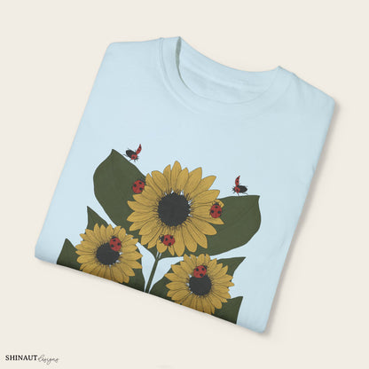 Sunflower Plant & Ladybugs Unisex Garment-Dyed T-shirt