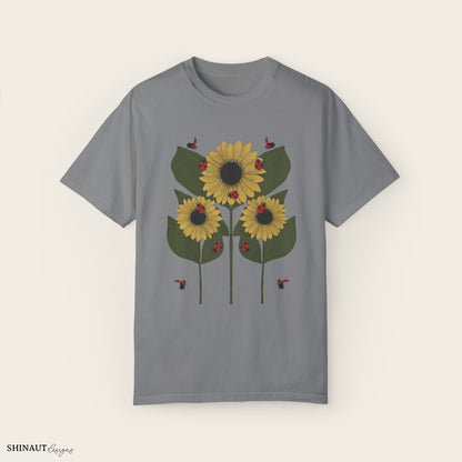 Sunflower Plant & Ladybugs Unisex Garment-Dyed T-shirt