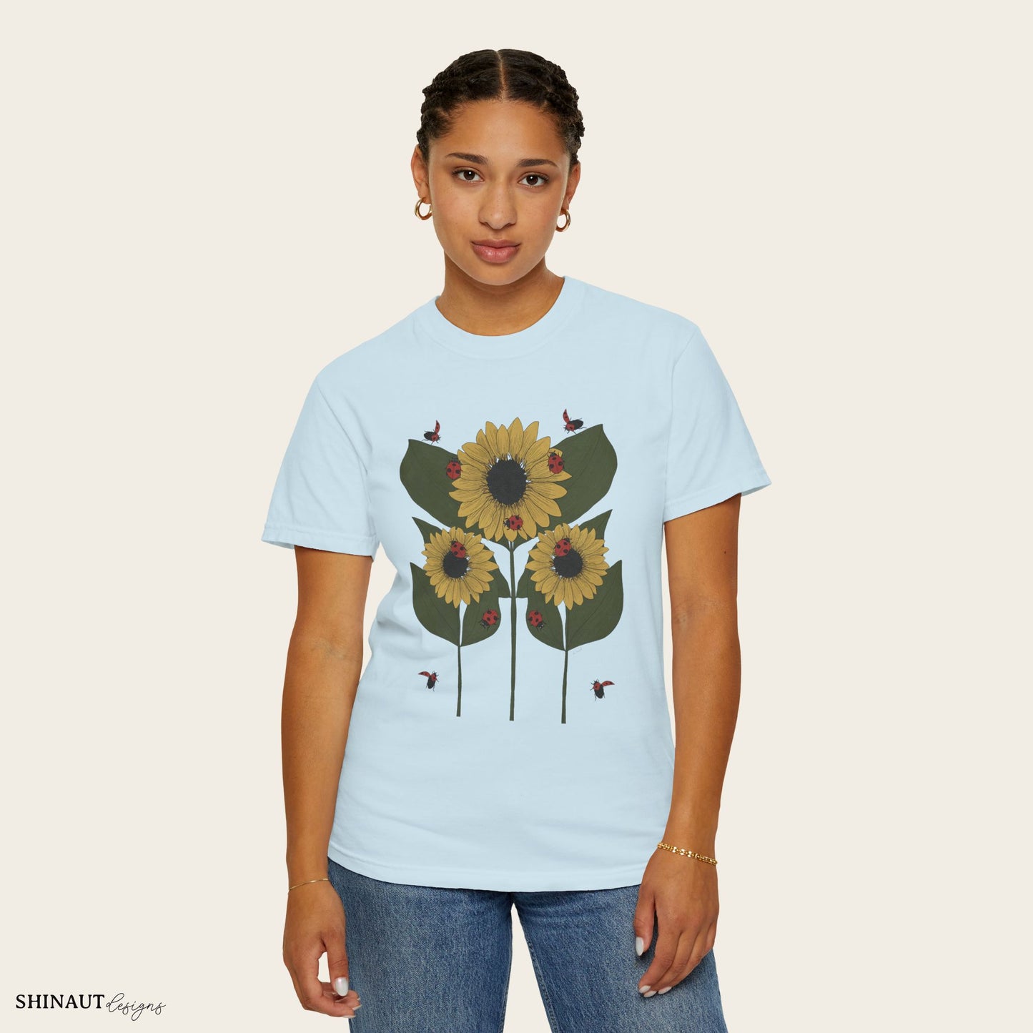 Sunflower Plant & Ladybugs Unisex Garment-Dyed T-shirt