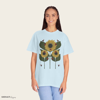 Sunflower Plant & Ladybugs Unisex Garment-Dyed T-shirt