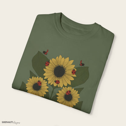 Sunflower Plant & Ladybugs Unisex Garment-Dyed T-shirt