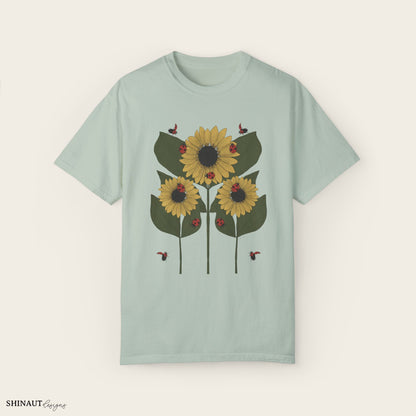 Sunflower Plant & Ladybugs Unisex Garment-Dyed T-shirt