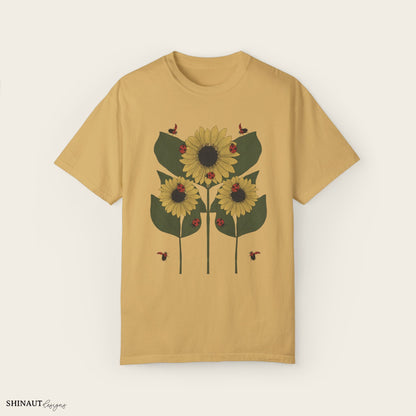 Sunflower Plant & Ladybugs Unisex Garment-Dyed T-shirt